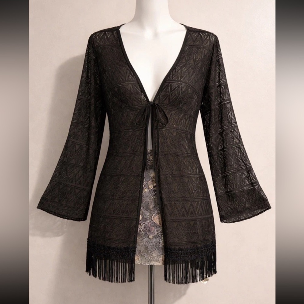 APT 9 Black Long Sleeve Fringe Hem Lacey Open Knit Boho Cover Up Kimono